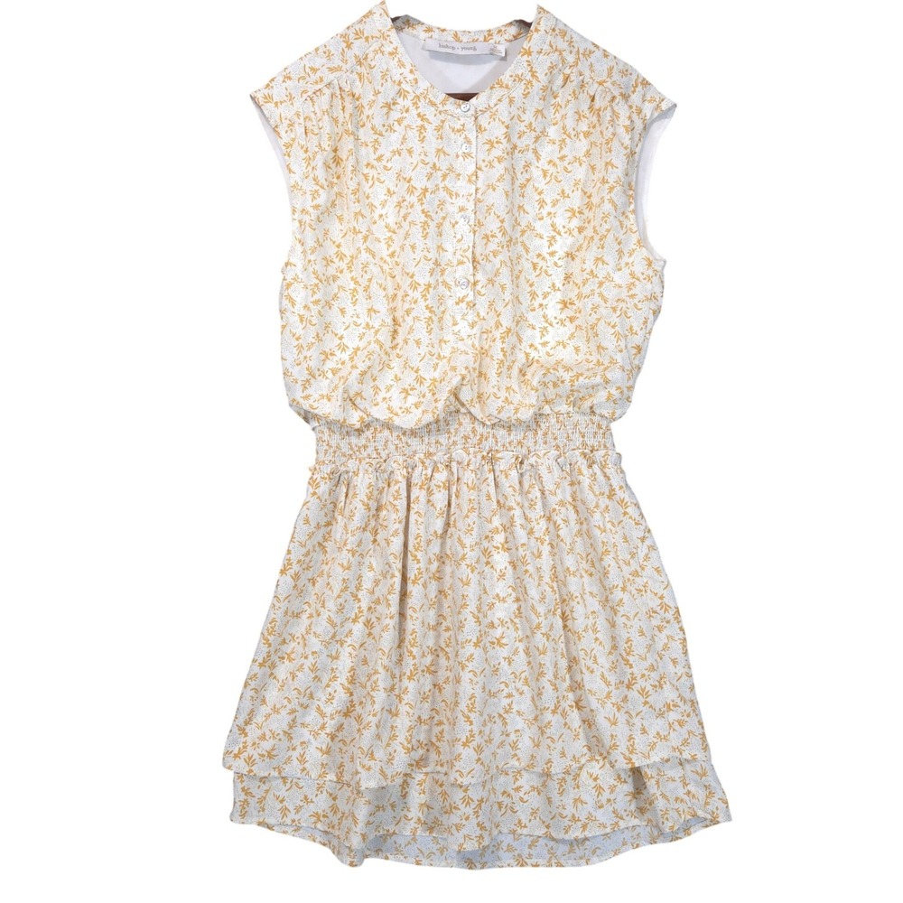 Bishop+Young Kelly Floral Smocked Waist Mini Dress Sz M Yellow Cream Boho Garden